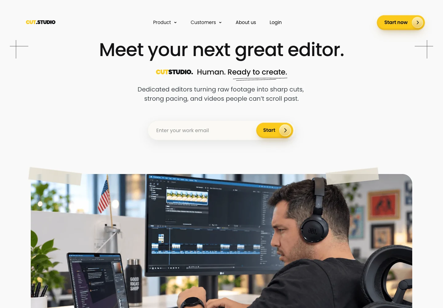 CUT.STUDIO interface study with a yellow Start button and editing-studio hero image