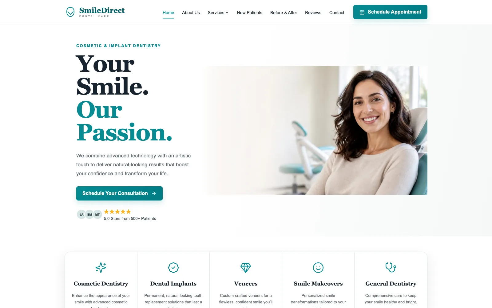 SmileDirect Dental Care dental clinic website screenshot